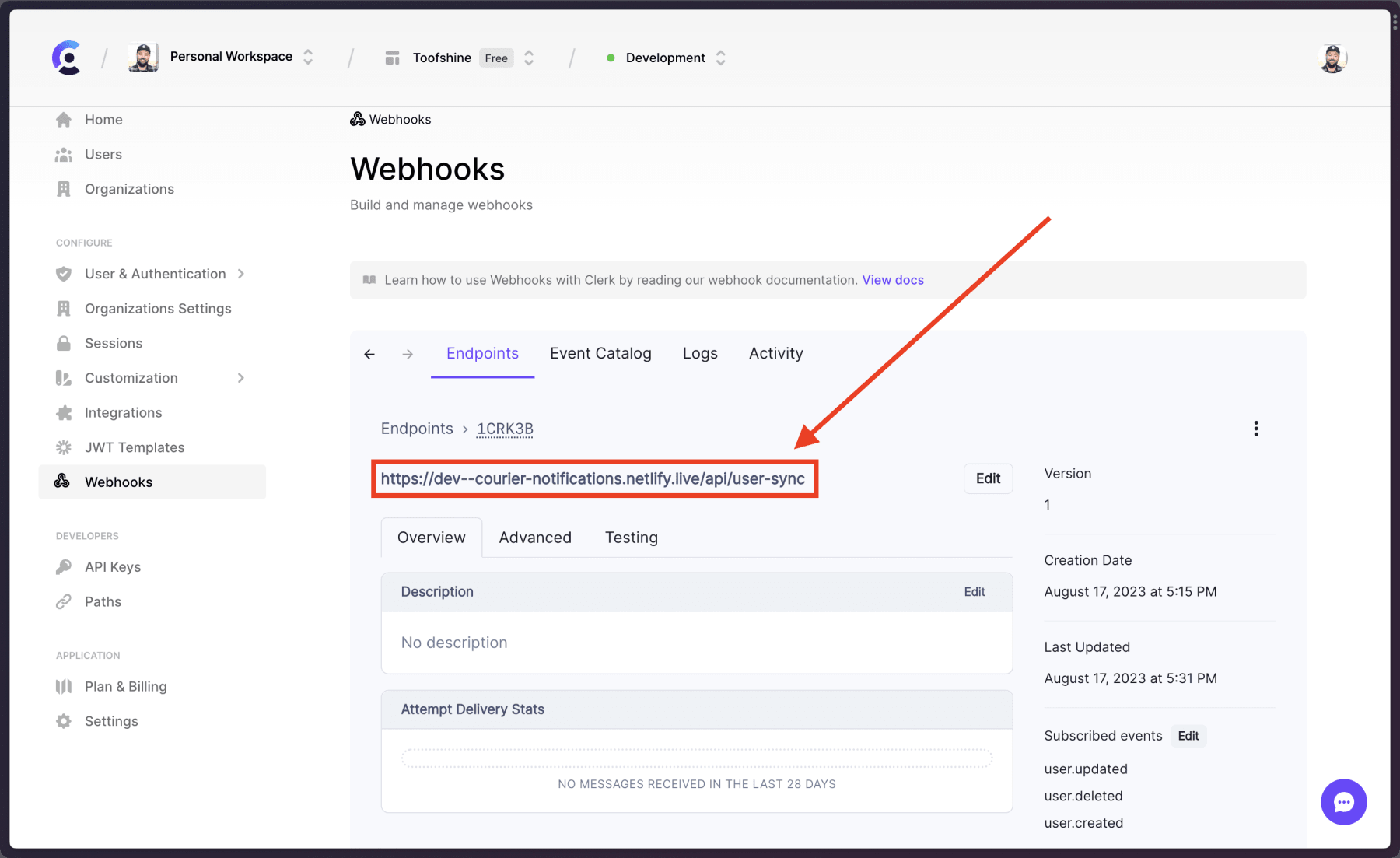 The Courier dashboard showing the Netlify Dev live URL as the webhook
endpoint.