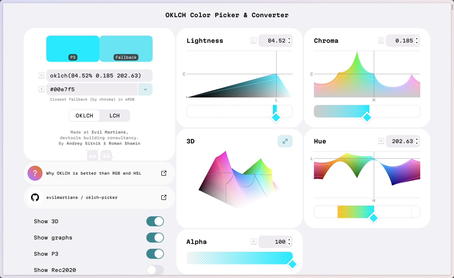 Screenshot of the Evil Martians OKLCH color
picker