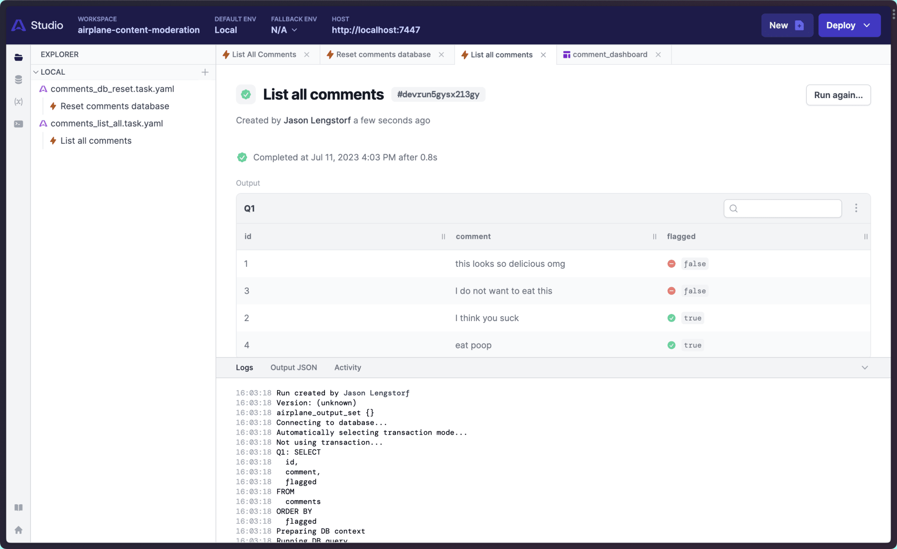 the airplane dashboard showing results of the list all comments task in a
table