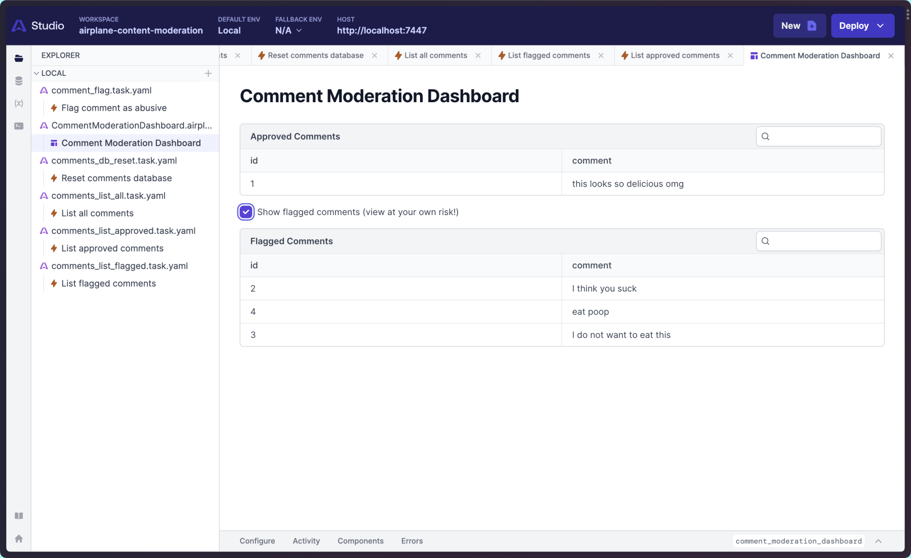 the comment moderation dashboard showing a manually flagged comment
correctly moved to the flagged
table