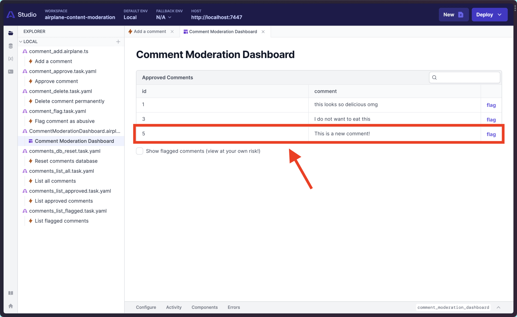 the comment moderation dashboard showing a newly created comment in the
approved
table