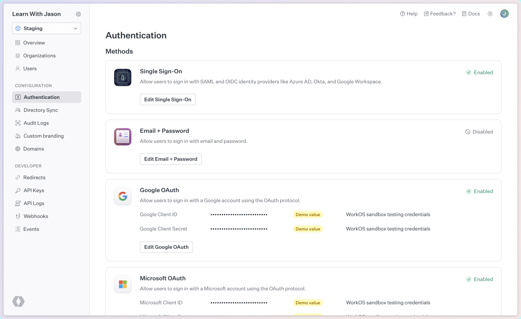 the authentication tab of the WorkOS daashboard with Google and Microsoft OAuth enabled