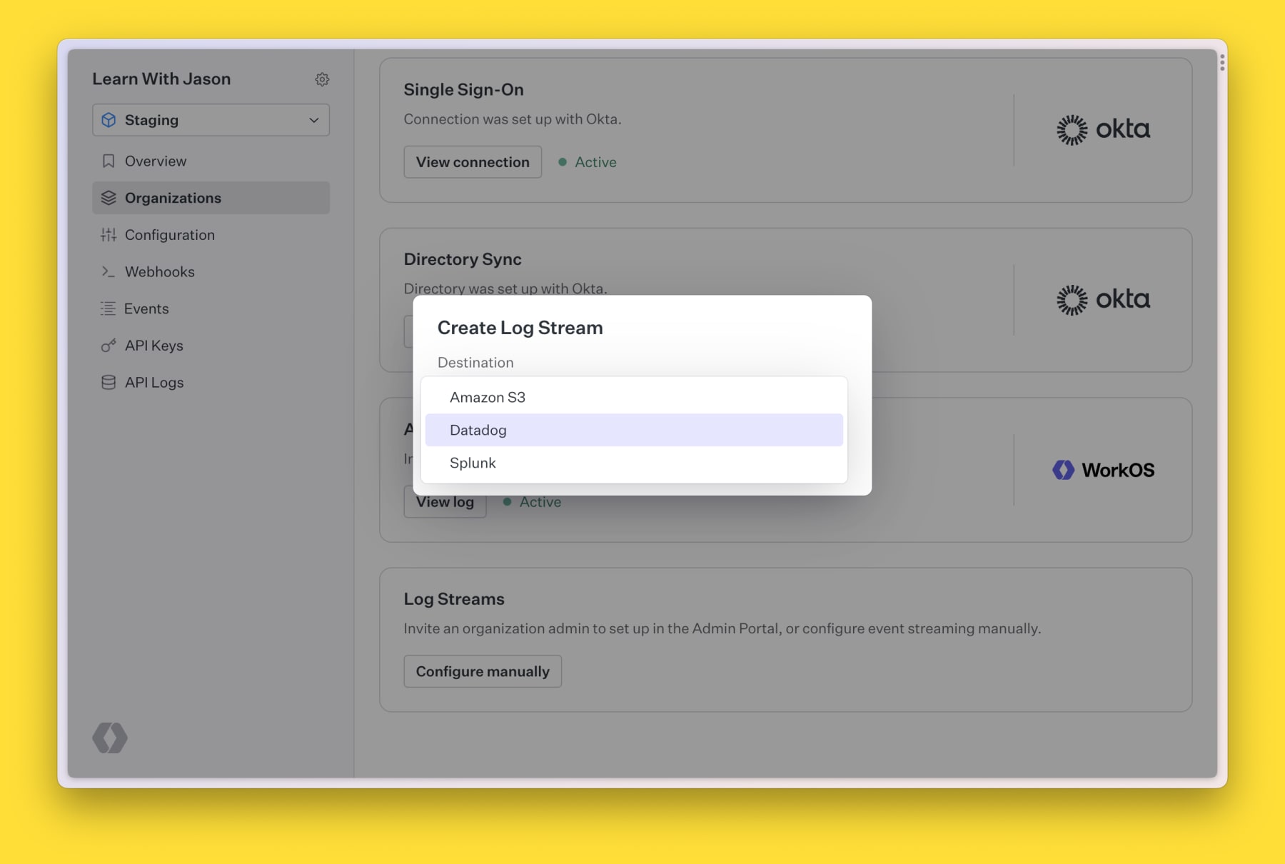 the WorkOS dashboard showing the log streams destination options of Amazon S3, Datadog, and Splunk