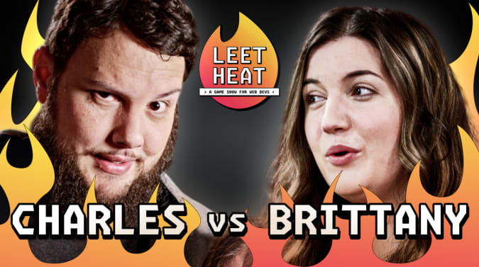 Charles and Brittany close up with illustrated flames surrounding them and the Leet Heat logo visible in the background