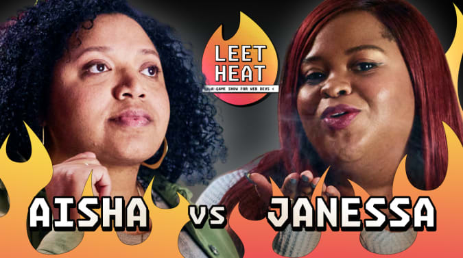 Aisha and Janessa surrounded by cartoon flames. their names are overlaid, and the Leet Heat logo is visible in the background