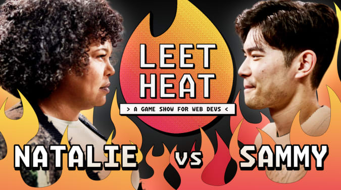 Natalie and Sammy square off in a prize fight kind of way. There are flames around them and the logo for Leet Heat in the background.