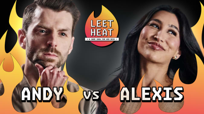 Andy and Alexis on an illustrated card that reads, "Andy vs. Alexis" with the Leet Heat logo visible in the background
