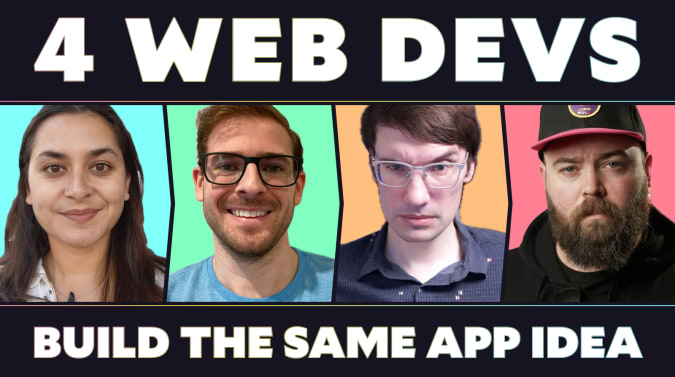 Anjana, Cody, Tom, and Jason on a card that reads, "4 web devs build the same app idea"