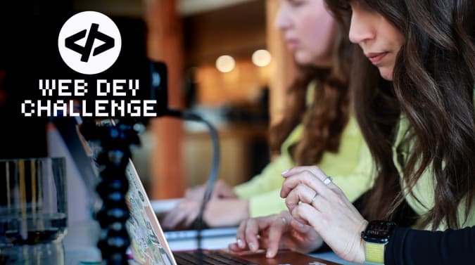 Braydon and Devyn, Chan and Chance, Roxy and Eve, and Jason and Dave in a 4-panel photo collage with the Web Dev Challenge branding overlaid in the center