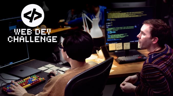 Salma and Daniel at their desks with code visible on the monitors. the Web Dev Challenge logo is overlaid