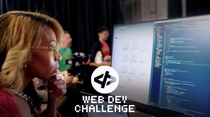 A woman holds her hand to her chin while looking at code displayed on a screen. The Web Dev Challenge logo is overlaid.