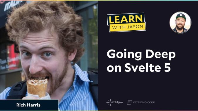 Rich Harris on a title card that reads, "Going Deep on Svelte 5"