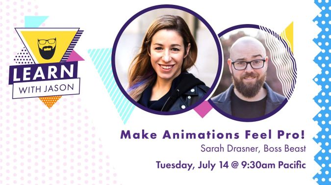 Sarah Drasner on a title card that reads, "Make Animations Feel Pro"