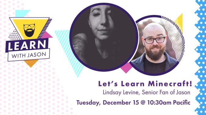 Lindsay Levine on a title card that reads, "Let's Learn Minecraft!"