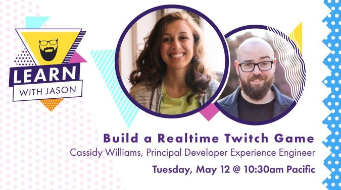 Cassidy Williams on a title card that reads, "Build a Realtime Twitch Game"