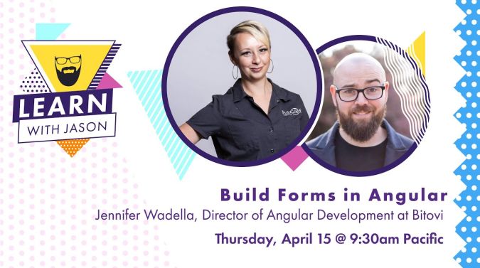 Jennifer Wadella on a title card that reads, "Build Forms in Angular"