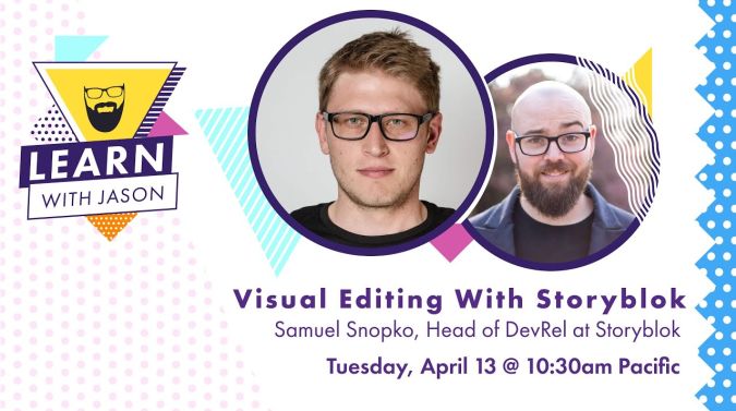 Samuel Snopko on a title card that reads, "Visual Editing With Storyblok"