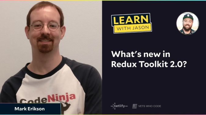 Mark Erikson on a title card that reads, "What's new in Redux Toolkit 2.0?"