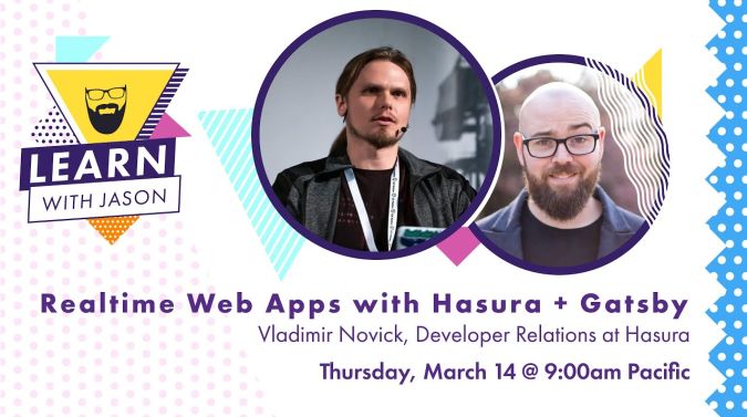 Vladimir Novick on a title card that reads, "Create Realtime Web Apps with Hasura & Gatsby"