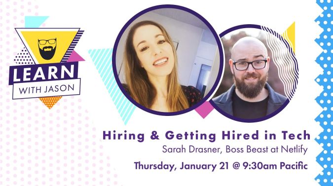 Sarah Drasner on a title card that reads, "Hiring & Getting Hired in Tech"