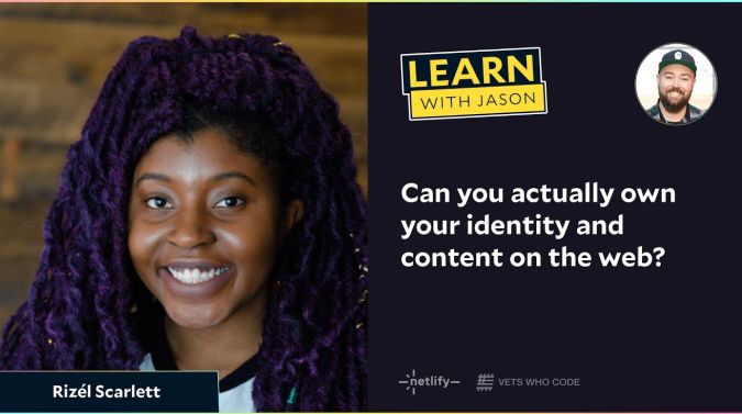 Rizél Scarlett on a title card that reads, "Can you actually own your identity and content on the web?"