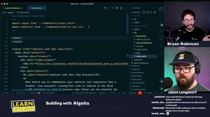 Bryan Robinson on a title card that reads, "Custom Command Bar Using Autocomplete With Algolia"