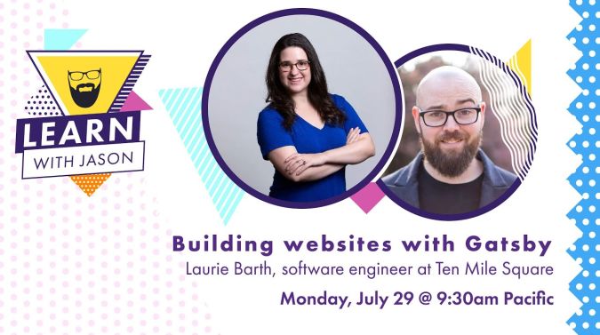 Laurie Barth on a title card that reads, "Building Websites with Gatsby"