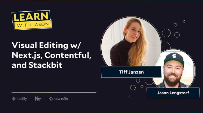 Tiff Janzen on a title card that reads, "Visual Editing w/Next.js, Contentful, and Stackbit"