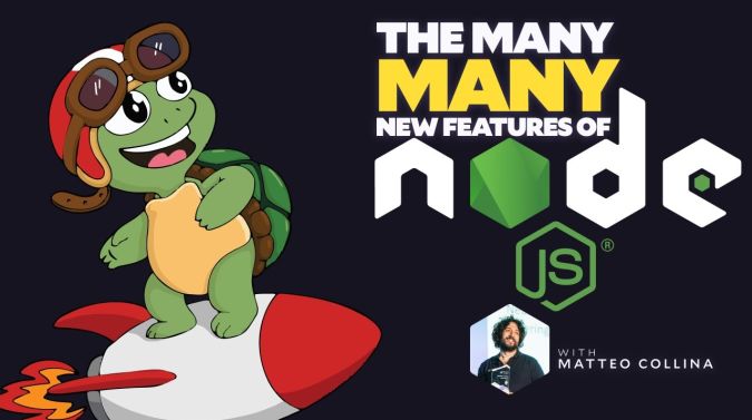 Matteo Collina on a title card that reads, "Node.js and its many, many new features"