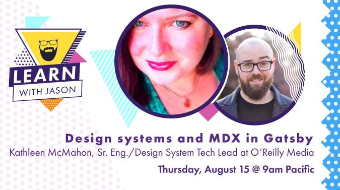 Kathleen McMahon on a title card that reads, "Design Systems and MDX in Gatsby"