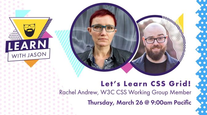 Rachel Andrew on a title card that reads, "Let's Learn CSS Grid!"