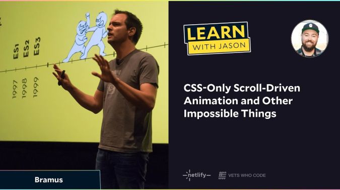 Bramus on a title card that reads, "CSS-Only Scroll-Driven Animation and Other Impossible Things"