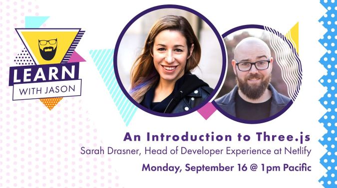 Sarah Drasner on a title card that reads, "Introduction to Three.js"