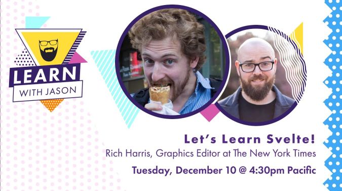 Rich Harris on a title card that reads, "Let's Learn Svelte!"