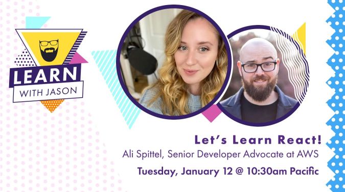 Ali Spittel on a title card that reads, "Let's Learn React!"