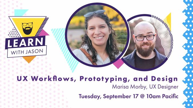 Marisa Morby on a title card that reads, "Turning an App Idea into a Plan with UX Design, Workflows, and Prototypes"