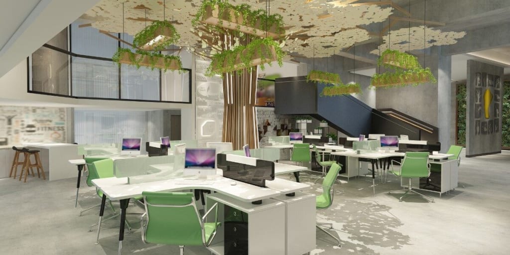 Light and bright open plan sustainable office space with planter boxes hanging from the ceiling