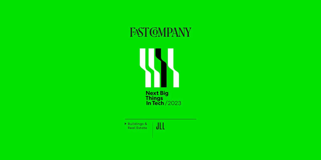 Award badge on bright green background featuring Fast Company's next big things in tech list 2023