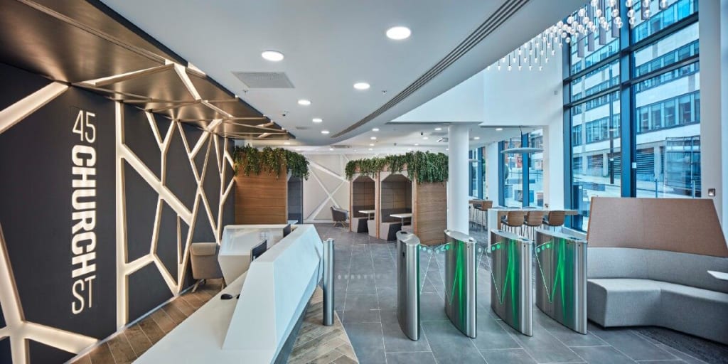 Lobby space of a sustainably focused office building