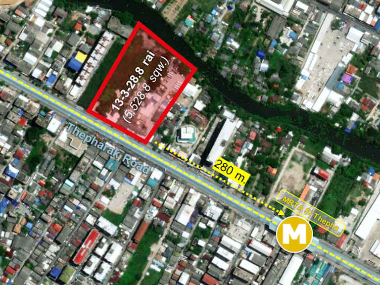 Freehold land 13-3-28.9 rai on Thepharak Road (280 m. from MRTA Si Thepha)_Property for Sale
