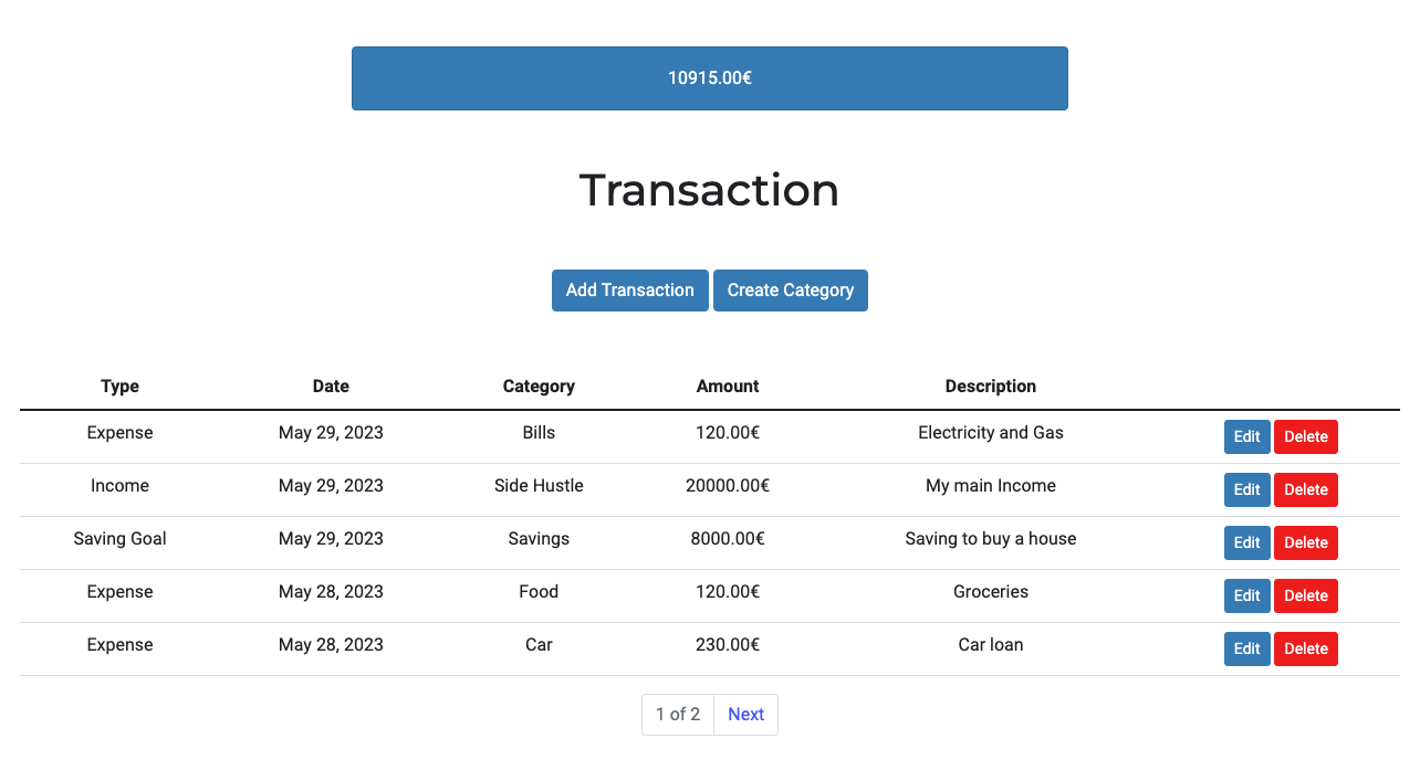 image that shows the transaction page