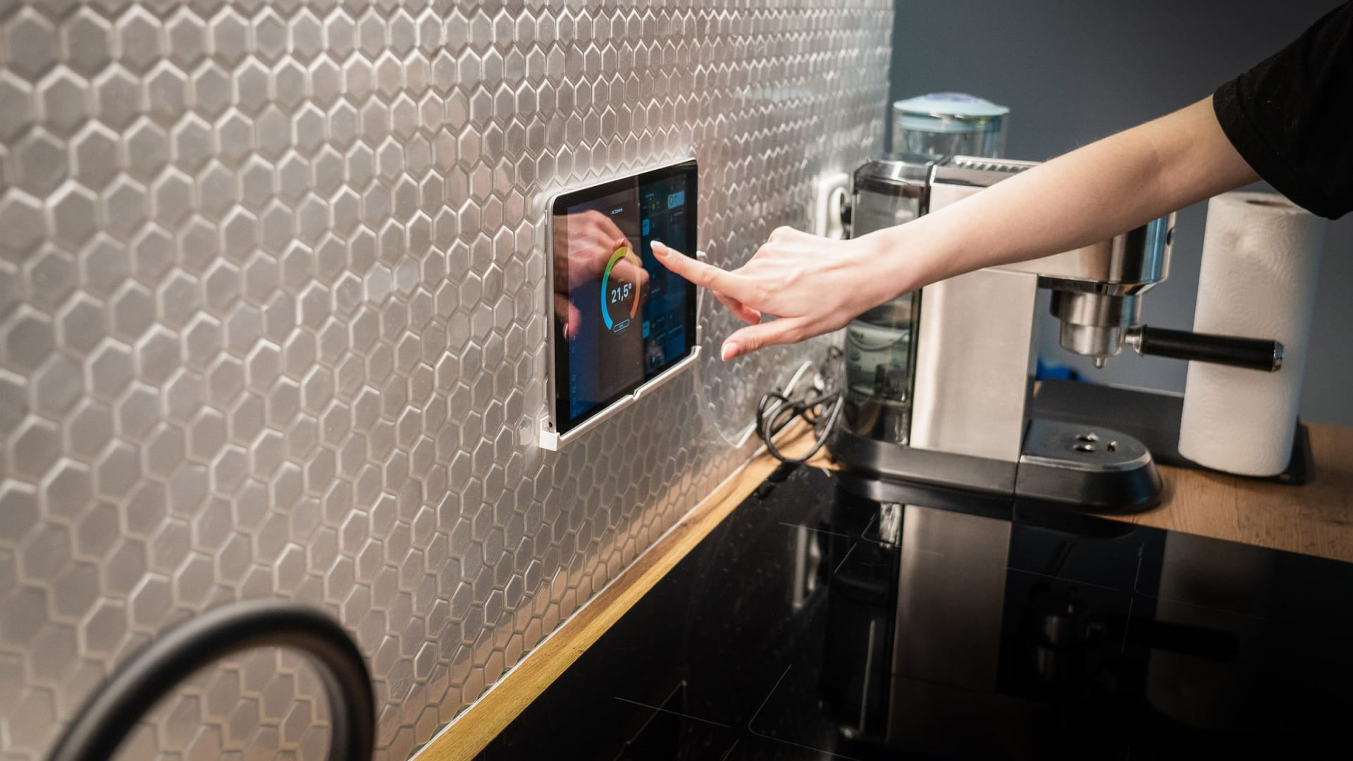 Smart home control panel in a modern kitchen