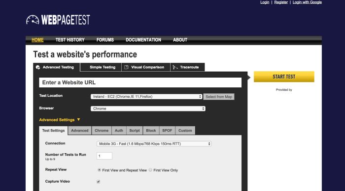 A screenshot of WebPagetest.