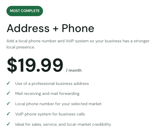 Business Address + Phone Package