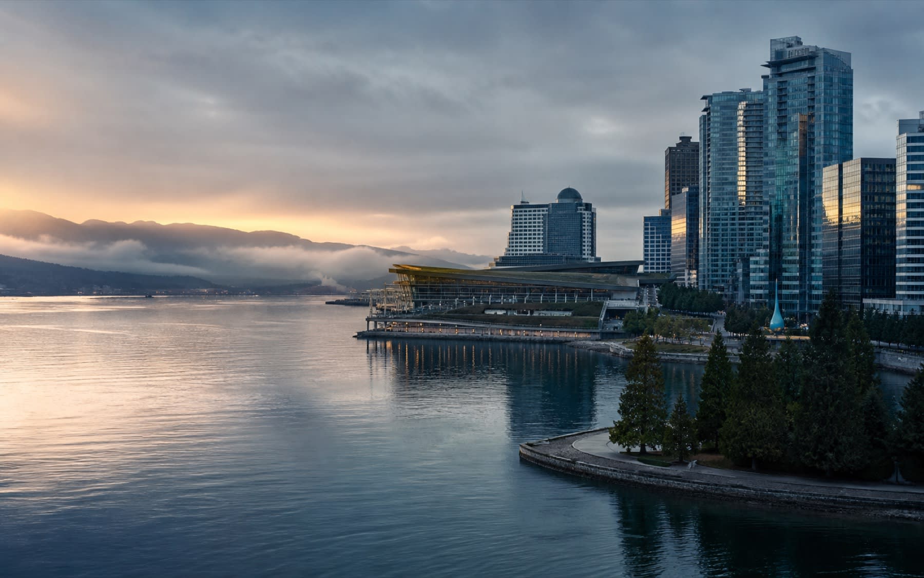Vancouver waterfront and downtown business skyline at sunrise