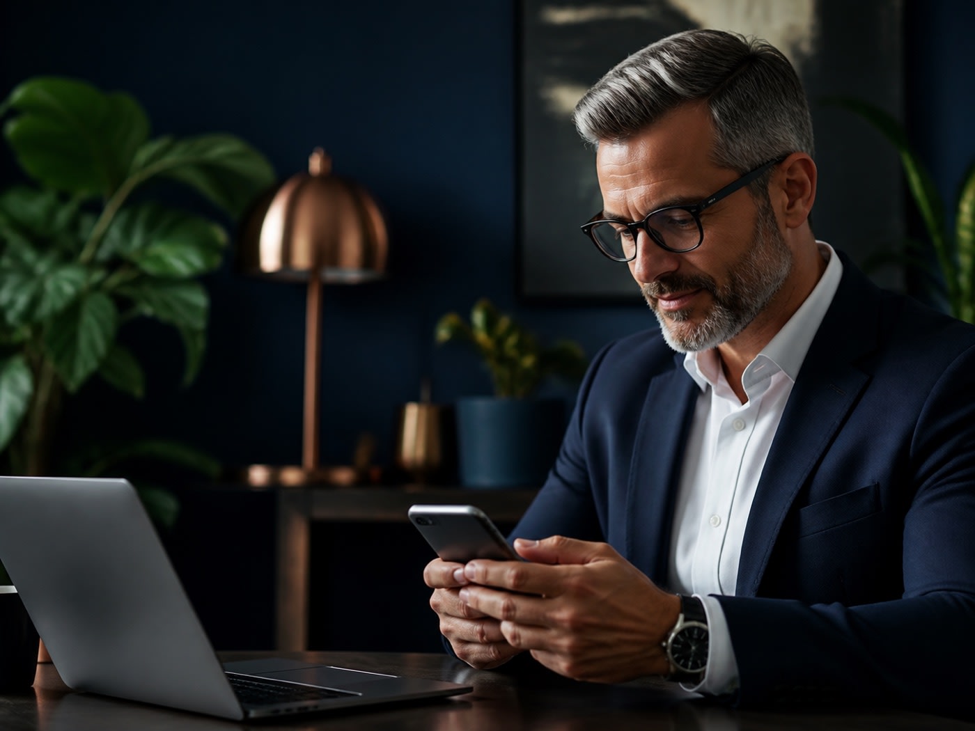 Business professional using a smartphone beside a laptop
