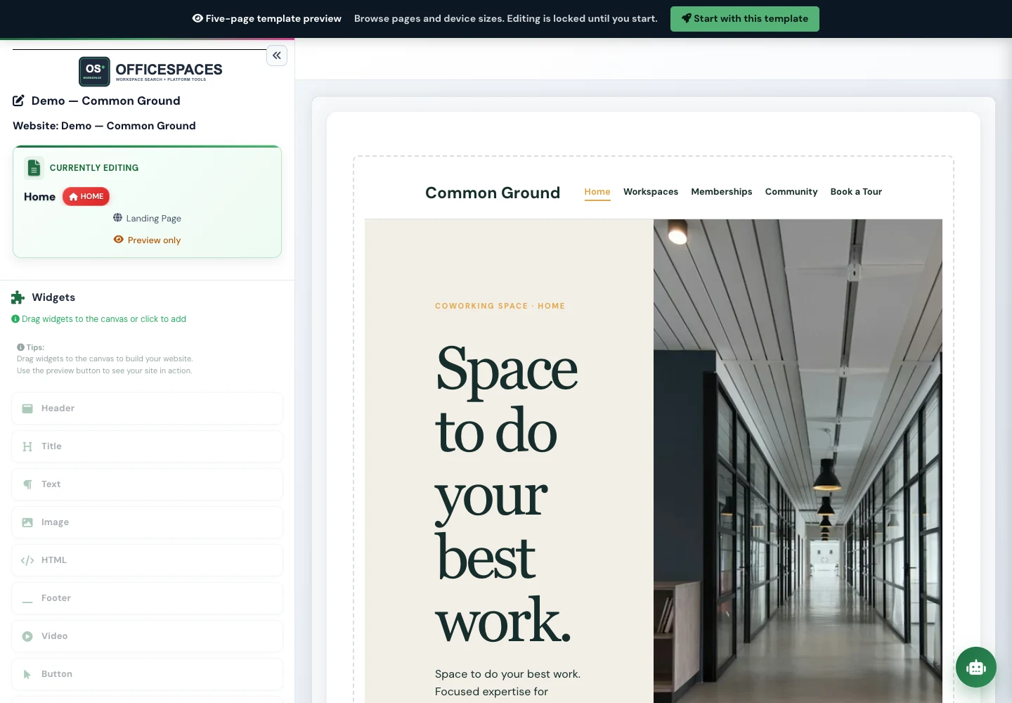 Office Spaces website builder showing a demo template