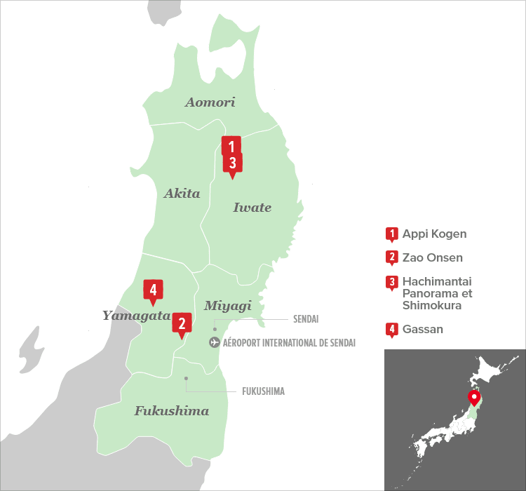 Pistes peu fréquentées et sorties hors-piste dans la région moins touristique de Tohoku