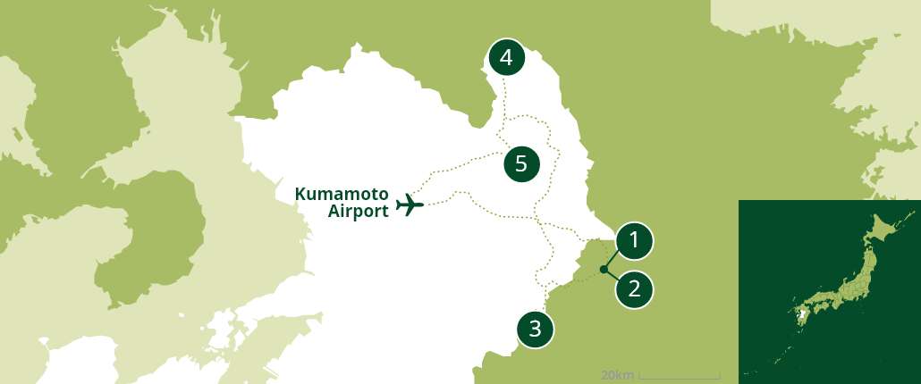 plan de la préfecture de Kumamoto au Japon et itinéraire pour découvrir la région et ses villes