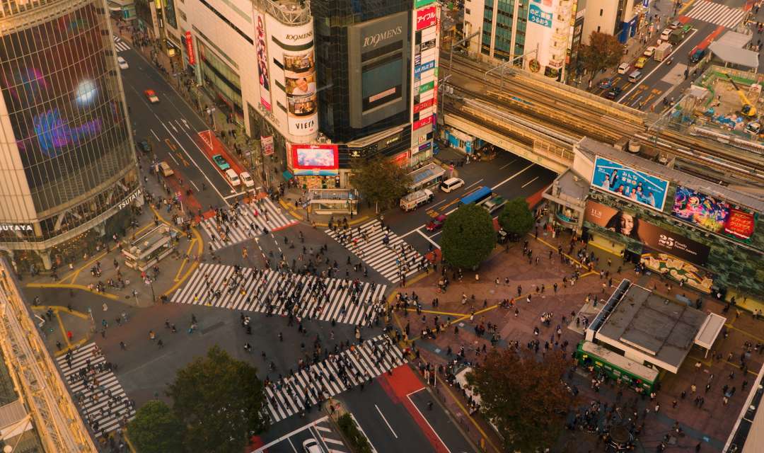 birdseye view of people crossing a busy city road